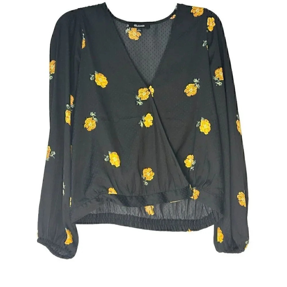 Madewell Womens Floral Patterned Short Sleeve Wrap Top Size M Black Cap Sleeve